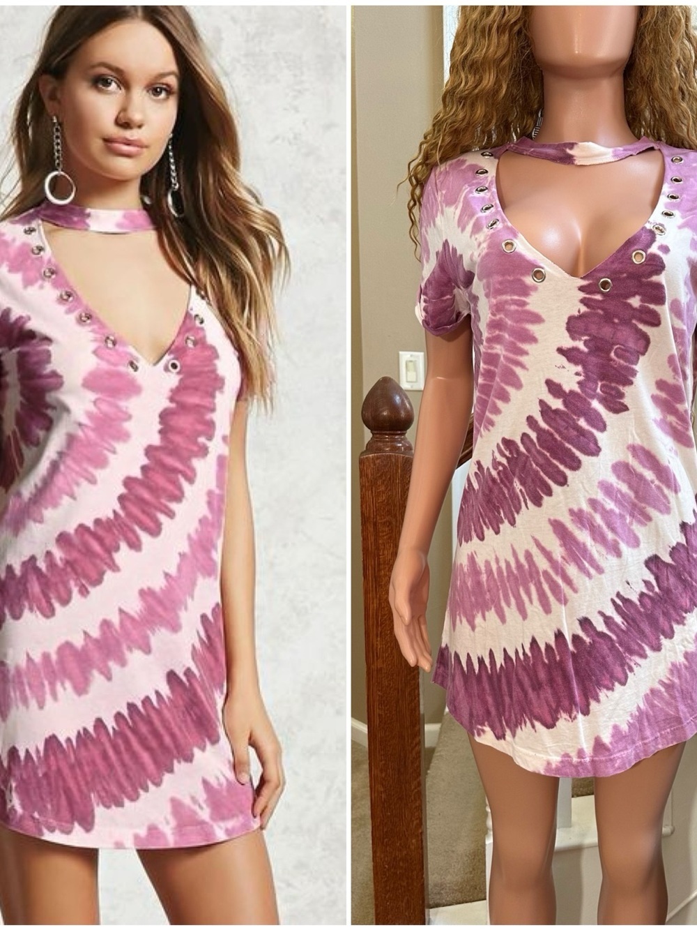 Pink Tie-Dye V-Neck Choker Tunic Dress